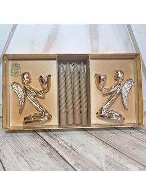Set of 2 Goldtone Angel Finial Candlestick Holders w/Spiral Shaped Candles VTG